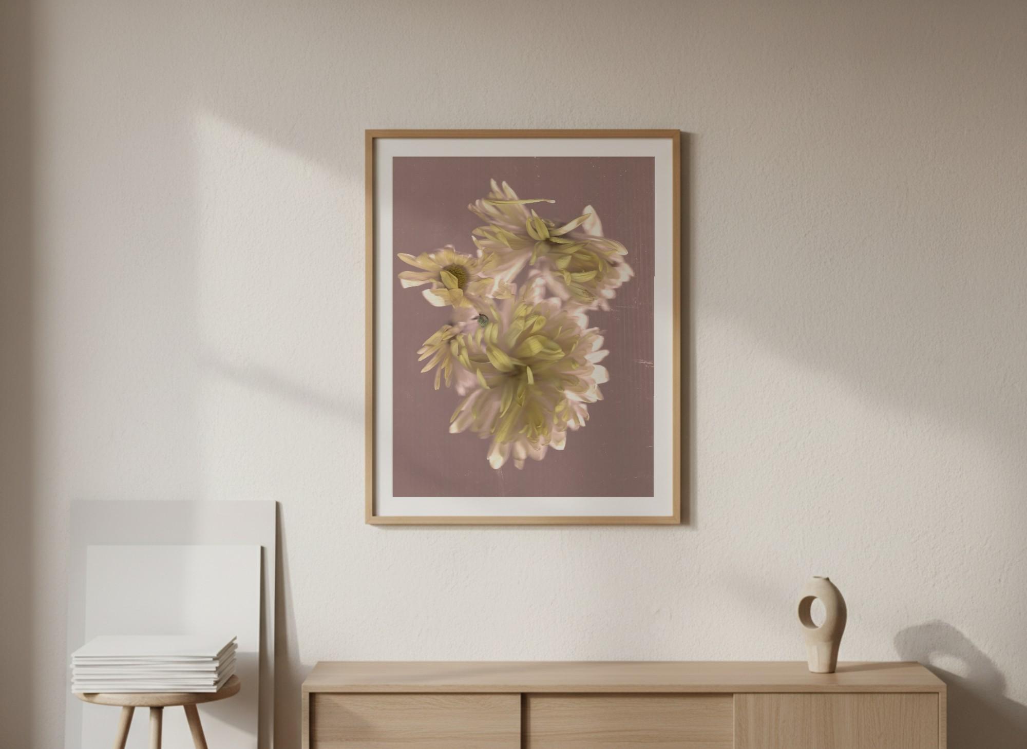Two framed prints in situ — yellow and golden tones
